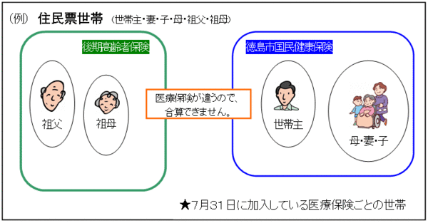 世帯の例（世帯主・妻・子・母・祖父・祖母）：後期高齢保険加入者（祖父・祖母）と国民健康保険加入者（世帯主・母・妻・子）は、保険が違うので合算できません